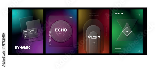 Glassmorphism Geometric Shape Poster Set with Neon Gradient Backgrounds for Digital Branding, UI Design and Creative Layout Projects