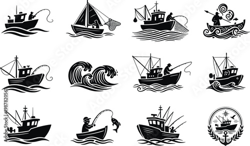 Fishing boats silhouettes, fishermen casting nets, sailboats ocean waves, maritime insignia anchor compass, nautical vector illustration seafaring life design