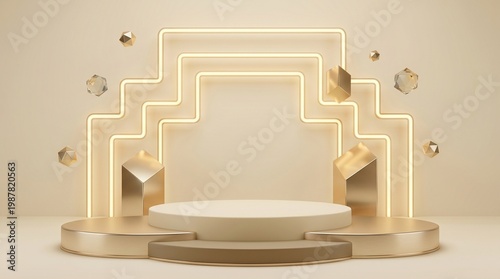 Luxury gold 3D product display podium with neon light arch and floating geometric shapes on beige background