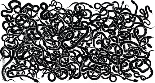 Swarm of numerous small black snakes with black and white intertwined illustration silhouette wildlife venomous predator background abstract detailed overwhelming abundance
