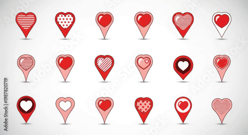 Red Heart Location Pointers Collection, Valentine's Day Map Markers, Love Icons Set