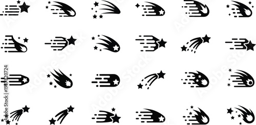 Set of shooting star and meteor icons with black and white design element night sky speed lines collection illustration celestial astronomy abstract symbolic multiple