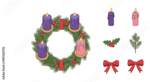 Advent Wreath with Candles, Holly, and Pine Sprigs - Christmas Decor Elements