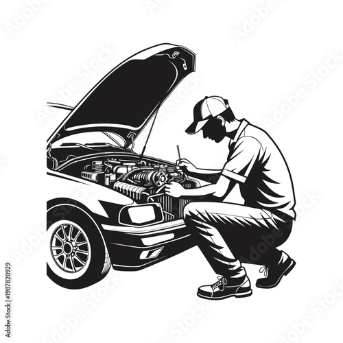 Professional car mechanic repairing vehicle engine, auto technician inspecting car under open hood, black and white vector illustration for garage service