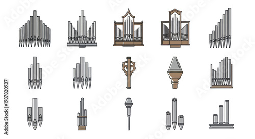 Collection of Various Pipe Organ Designs and Musical Instruments Icons