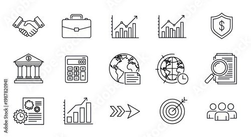 Business Icons Set: Finance, Growth, Strategy, Partnership, Security, Analysis, Global