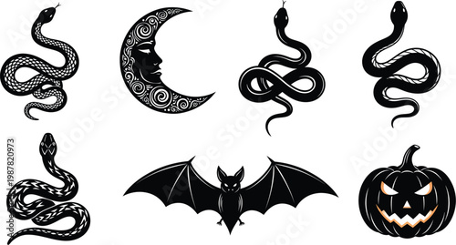 Halloween icons collection: snakes moon bat pumpkin with crescent moon jack o lantern black and white hand drawn halloween illustration witchcraft supernatural celebration mythology