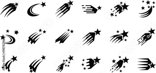 Set of stylized shooting star and comet icons with swift star night sky space graphic element star icon abstract star motion graphic brush stroke speed icon celestial body silhouette