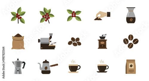 Coffee Icons Set: Beans, Plant, Grinder, Machine, Cup, Bag, Kettle, Carafe