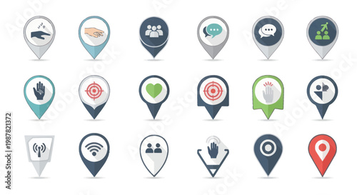 Collection of location map pins with diverse icons representing concepts like teamwork, communication, and goals