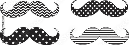 Mustache patterns set, stylish moustache shapes with stripes, dots and stars, hipster vector illustration