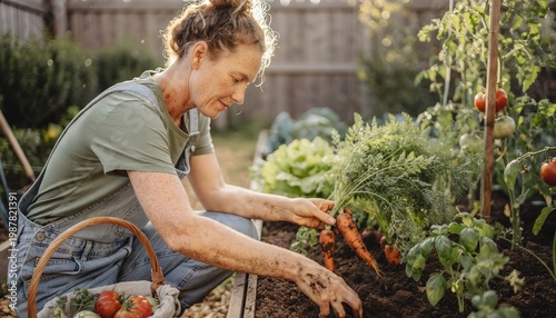 a person harvesting carrots in garden on a sunny day. A person is crouched down beside a raised garden bed, harvesting carrots. A basket with tomatoes sits beside the gardening space.