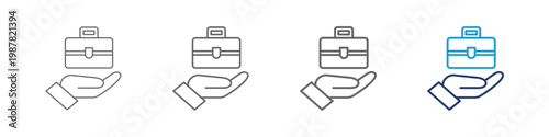 The career icon concept is depicted as a briefcase placed on a palm, designed with varying line thicknesses and a blue color scheme for web and illustation design.