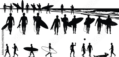 Collection of surfer silhouettes with surfboards on beach surf culture surfboard silhouette activity vacation collection standing carrying recreation lifestyle athletic watersport