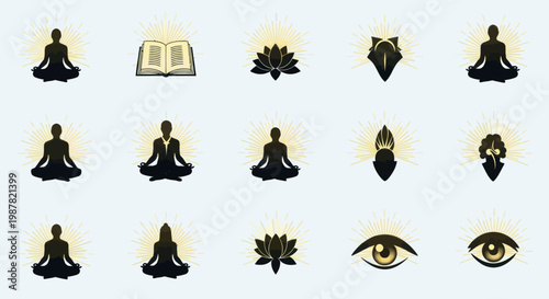 Meditation Icons Set: Lotus, Eye, Open Book, Silhouette Figures, Enlightenment