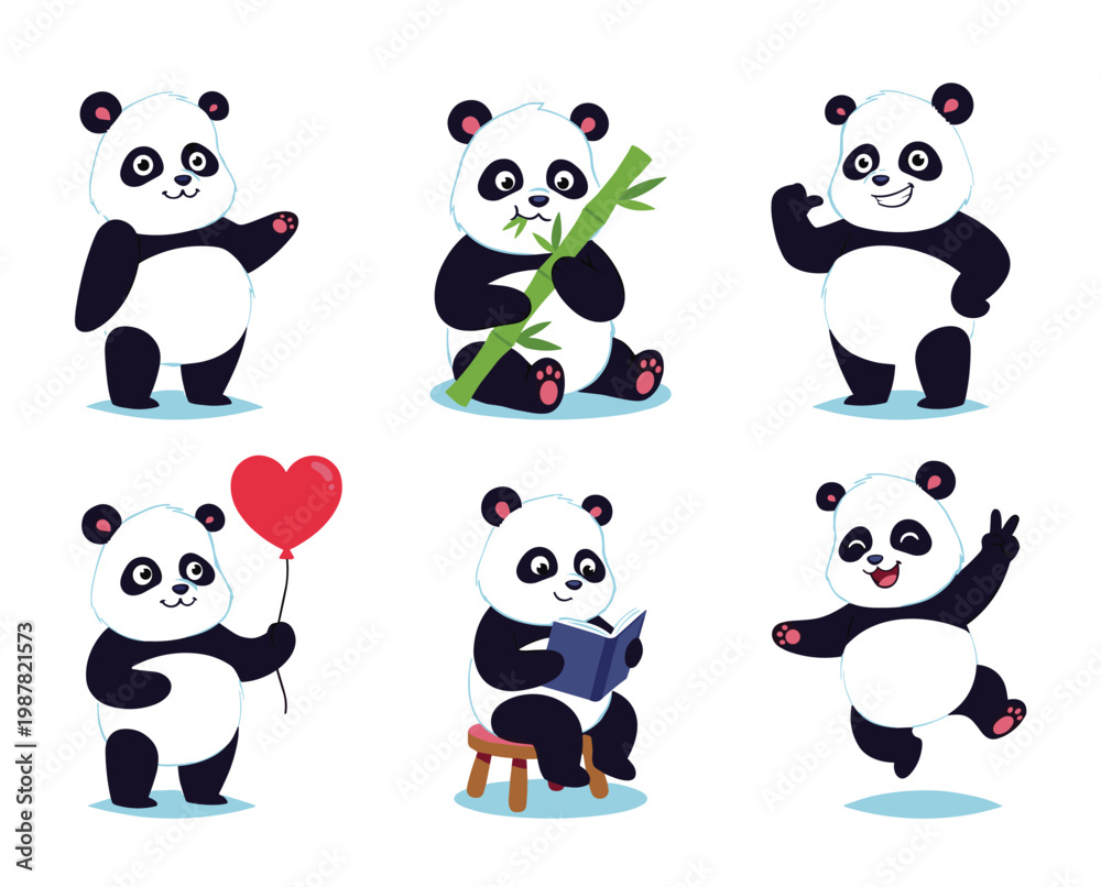 Obraz premium Cute cartoon pandas playful fun activities adorable antics. Panda reading book sitting stool bamboo munching heart balloon isolated white background. Vector illustration panda joy celebration