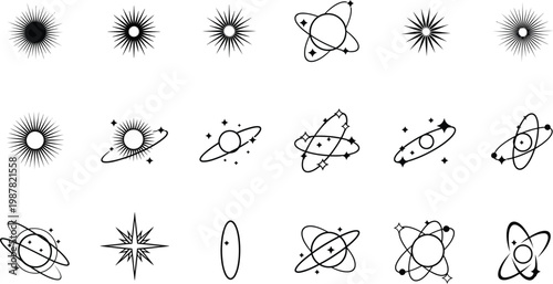 Collection of stylized atoms and celestial burst graphics with black and white graphic resource celestial starburst illustration abstract geometric collection technology molecule electron