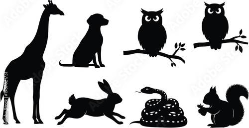 Silhouettes of various animals including giraffe dog owls rabbit snake squirrel with black and white forest dweller desert dweller silhouettes squirrel wildlife creature collection side view