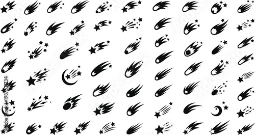 Large collection of simple shooting star doodles with hand drawn illustration collection template scrapbook achievement perfection complete approval celestial creative energetic abstract