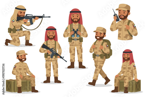 Desert soldiers camouflage actions army uniform tactical equipment diverse ethnicity strategic planning military operation squad cartoon style isolated white background. Middle Eastern military