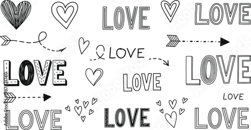 Collection of hand-drawn "love" text and hearts with arrows valentines day typography calligraphy illustration collection romantic affection relationship happiness celebration togetherness
