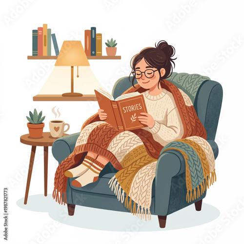 A woman sits in an armchair reading a book with a cup of coffee on a side table and a lamp in the background.