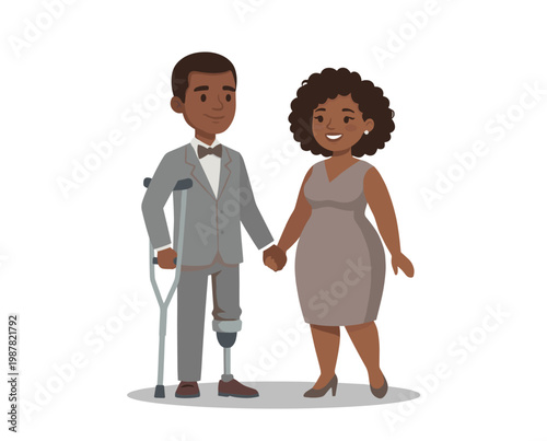 Disabled man suit crutches prosthetic leg smiling woman elegant dress holding hands mixedrace couple. Happy diverse partnership wedding love disabled groom supportive partner. Vector cartoon