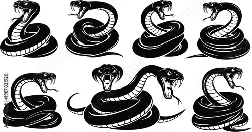 Collection of silhouetted cobra snakes in striking poses with black and white venomous dangerous wildlife silhouette illustration predator isolated creature aggressive symbolism collection