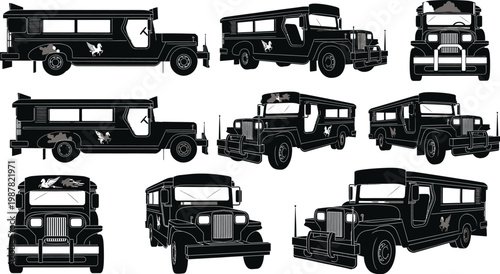 Collection of philippine jeepney vehicle silhouettes with public transport black and white transport philippine automobile silhouette illustration isolated automotive headlight collection