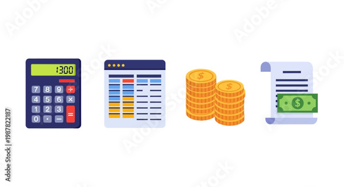 Financial icons including calculator money.