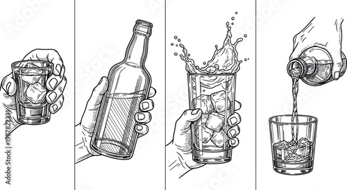 Set of Vector Illustrations Depicting the Pouring of Beverages into Glasses for Drink, Beverage, and Refreshment Designs
