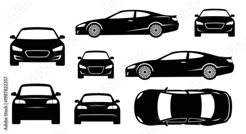 Set of Black Car Silhouettes from Multiple Angles: Front, Side, Top View