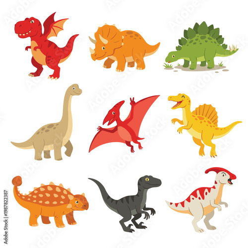 Cartoon colorful dinosaurs playful prehistoric Tyrannosaurus, Triceratops, Stegosaurus, Brontosaurus, Pterodactyl, Spinosaurus vibrant cute dino creatures illustration isolated white background