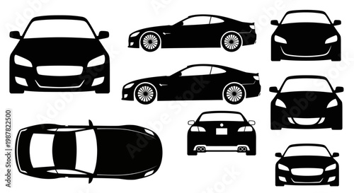Set of black car silhouettes from different angles: front, side, top, rear view