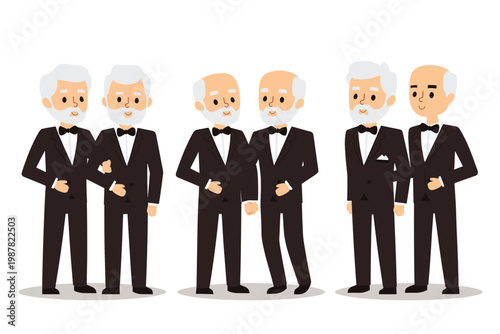 Formal elderly gentlemen gay couple smiling, wearing tuxedos, white hair beards, isolated white background, vector illustration. Senior men, bow ties, congratulating, shaking hands, standing pose