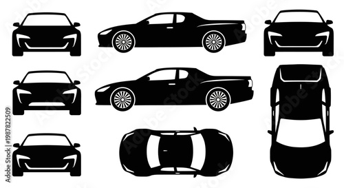Set of black car silhouettes from different angles: front, side, top, rear view