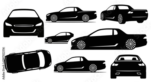 Set of black car silhouettes from different angles: front, side, top, rear view