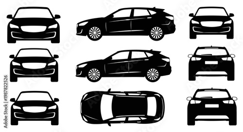 Set of black car silhouettes from different angles: front, side, top, rear views