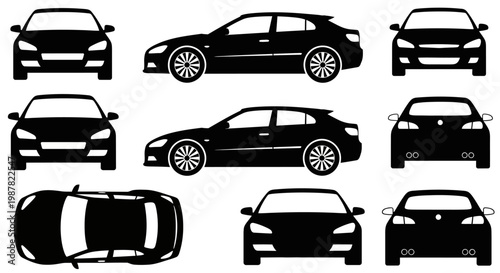 Set of Black Car Silhouettes from Multiple Angles: Front, Side, Back, Top View