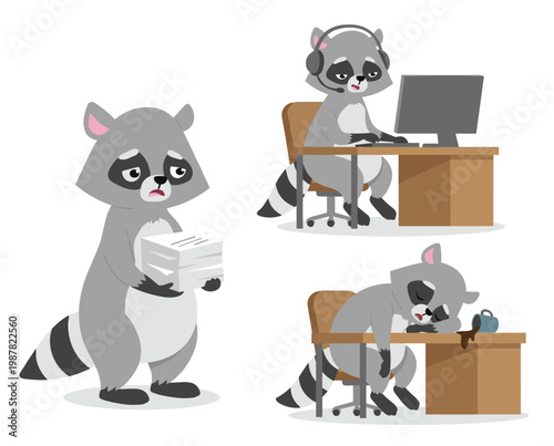 Raccoon character holding paperwork feeling overwhelmed tired, raccoon wearing headphones working computer desk, sleepy resting head table coffee spill. Animal cartoon depicting office scenario