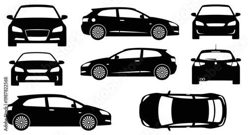 Set of Black Car Silhouettes from Multiple Angles: Front, Side, Rear, Top View