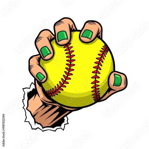 A hand holding a softball with green nails isolated on white background