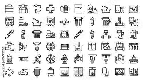 Set of isolated water treatment and filtration system icons