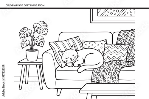 Cute Cat Sleeping on Cozy Sofa, Adult Coloring Book Page