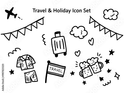 Travel Holiday Hand Drawn Icon Set Suitcase Beer Clothes Doodle Vector