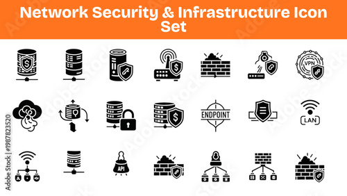 Network Security Silhouette Icons Set – Firewall, Server, VPN Infrastructure Vector Pack