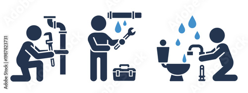 Plumber Repairing Pipe Icons Plumbing Service Maintenance Tools Water Leak Fix Vector Illustration Set Isolated Background