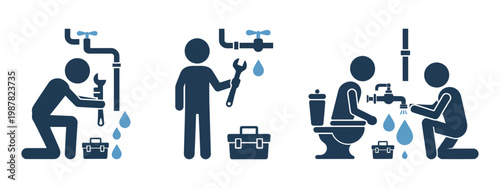 Plumber Repairing Pipe Icons Plumbing Service Maintenance Tools Water Leak Fix Vector Illustration Design Isolated Background