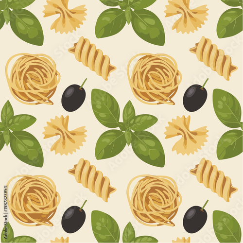 Colorful hand-drawn pasta and herbs food pattern design