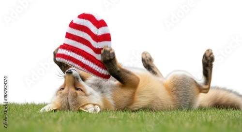 A brown and white dog wearing a red hat isolated on white background